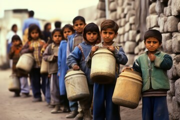 Palestinian children queue for drinking water. The concept of food security in war.