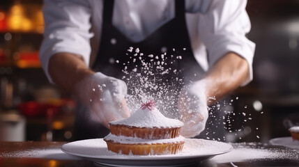 Chef cooking desserts in professional kitchen. Chef cook in a professional kitchen cooking cakes. Close up a cakes sprinkled with icing sugar - obrazy, fototapety, plakaty