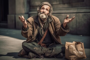Poor homeless beggar sit on pathway floor in asking for help.