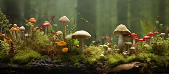 Obraz na płótnie Canvas lush green background of the enchanting forest, a natural tapestry of life emerges from the ground as clusters of colorful mushrooms, including the vibrant Hygrocybe waxcaps, adorn the woods