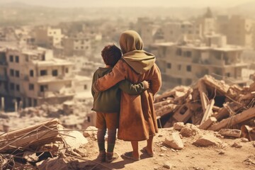 Poor sibling orphans hugging together with ruins of destroyed house and city from war in background conflict area at Palestinian and Israel.