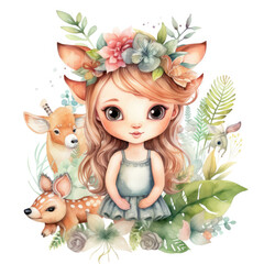 Safari Animal set little fairie in colorful dresses Illustration, Generative Ai