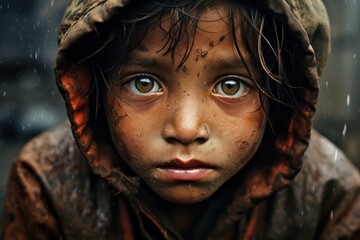 Close-up of poor starving orphan boy slum boy in refugee clothes and eyes full of pain. - obrazy, fototapety, plakaty