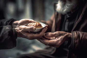 Schilderijen op glas Close up hands giving to poor old homeless man food. © bird_saranyoo