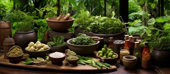 In Thailand, amidst the lush green nature, a wooden table adorned with a leaf-patterned tablecloth set the background for a healthy lifestyle, where food is not just nourishment, but medicine. This