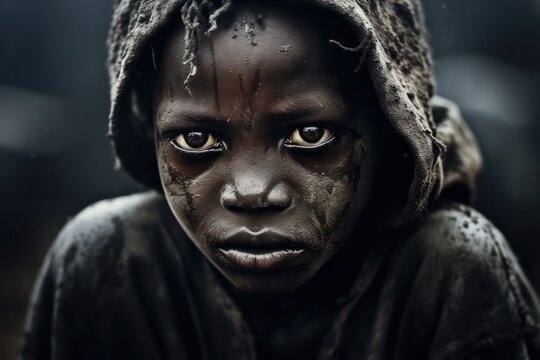 Close-up of poor starving orphan black boy slum boy in refugee clothes and eyes full of pain.
