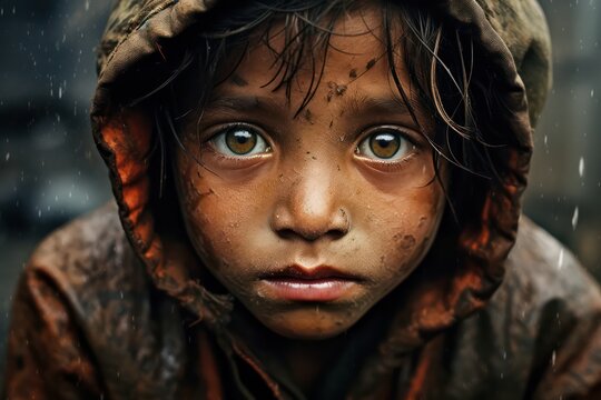 Close-up of poor starving orphan boy slum boy in refugee clothes and eyes full of pain.