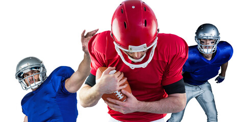 Digital png photo of diverse male american football players on transparent background - Powered by Adobe