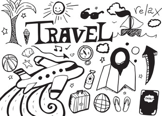 Digital png illustration of symbols and travel text on transparent background
