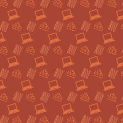 Digital png illustration of orange pattern of laptops and notebooks on transparent background