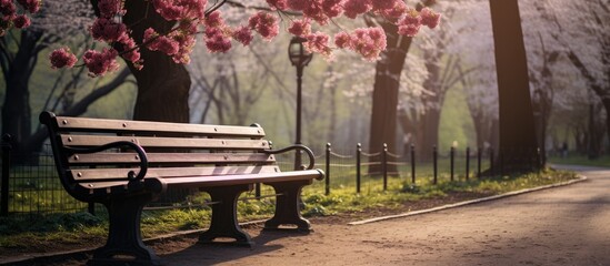 In Central Park, an old wooden bench worn by age and weather sat alone peaceful embrace of the spring season, surrounded by the natural beauty of the park.
