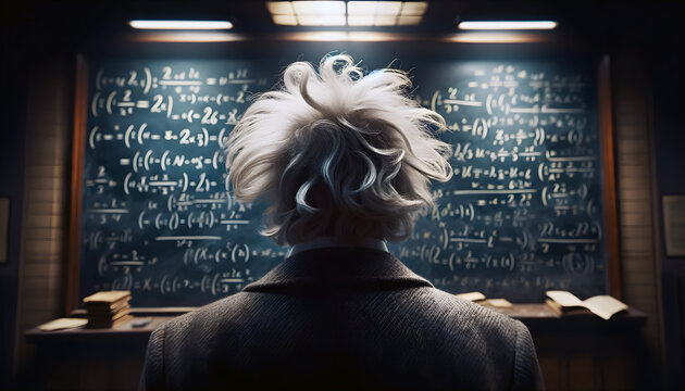 Professor looking at complex equations on a blackboard