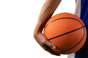 Digital png photo of hand of caucasian male basketball player with ball on transparent background