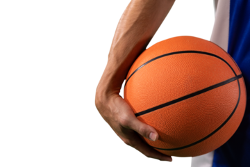 Digital png photo of hand of caucasian male basketball player with ball on transparent background