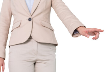 Digital png photo of midsection of asian businesswoman pointing on transparent background