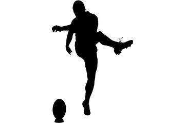 Digital png illustration of silhouette of male rugby player kicking ball on transparent background