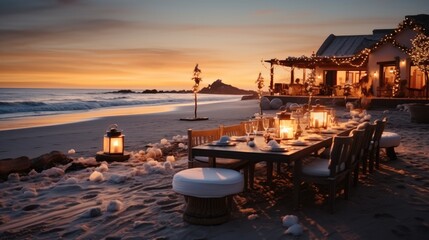 Fototapeta premium Outdoor Christmas celebration on the beach at sunset.