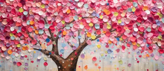 background, a tree stood tall with its vibrant springtime blooms, a patchwork of red, pink, and white flowers creating a picturesque scene. The texture of the petals and the bokeh effect brought a - obrazy, fototapety, plakaty
