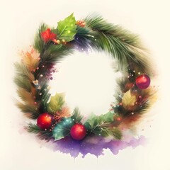 Fototapeta na wymiar Watercolor Christmas wreath with red flowers and berries, round frame border illustration. Festive holidays new year wreath. Decorative element.