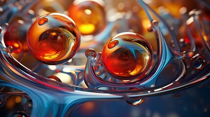 Abstract movement and diffusion of orange liquids, bubbles, and water droplets that spread into the water. generative AI - obrazy, fototapety, plakaty