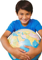 Digital png photo of happy biracial schoolboy with school globe on transparent background