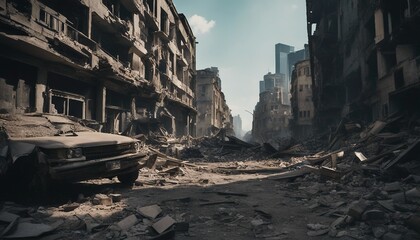 The city was destroyed by war, buildings, cars and roads were destroyed.