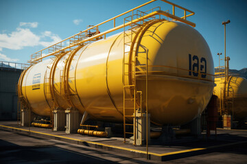 An industrial gas storage tank with yellow color. - obrazy, fototapety, plakaty