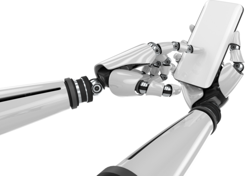 Digital png illustration of robotic arms with smartphone on transparent background