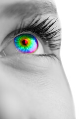 Digital png illustration of woman's colourful eye looking on transparent background