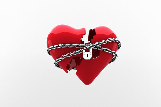 Digital png illustration of red broken hearts with chain and padlock on transparent background