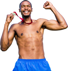Digital png photo of happy african american sportsman with medal on transparent background