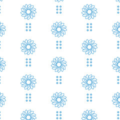 Digital png illustration of blue flowers and dots repeated on transparent background