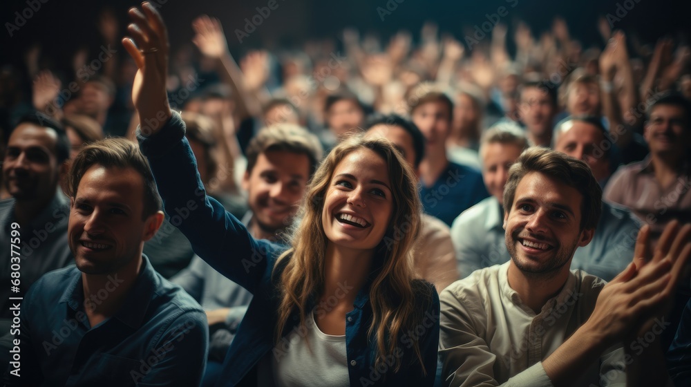 Poster people cheering in lecture hall.