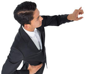 Digital png photo of focused biracial businessman pointing finger on transparent background