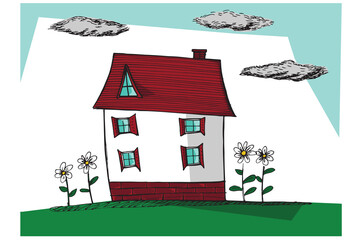 Digital png illustration of big house, flowers and clouds on transparent background