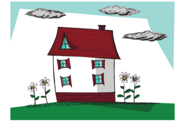 Digital png illustration of big house, flowers and clouds on transparent background