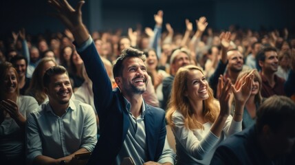 People cheering in lecture hall.