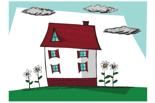 Digital png illustration of big house, flowers and clouds on transparent background