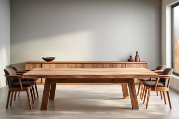 Minimalist Modern dining room interior with craft wooden furnitures.