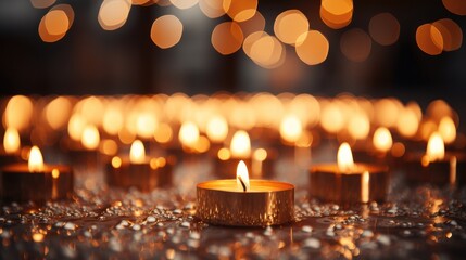 A row of candles with varying flame heights creating a dynamic and lively bokeh.