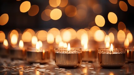 A row of candles with varying flame heights creating a dynamic and lively bokeh.