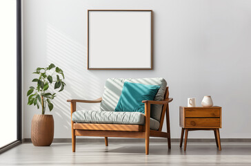Modern contemporary Interior Living room with blue colour and wooden chair