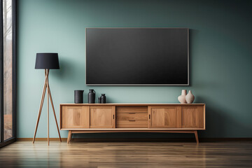 Minimal wooden sideboard on empty blank blue Turquoise wall