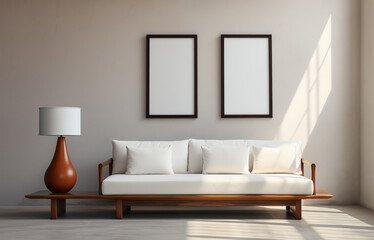 Chinese Living room interior with white and wooden sofa