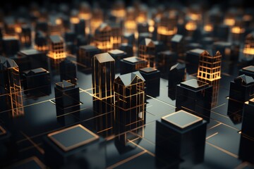 Decentralized real estate abstract background black and gold color.