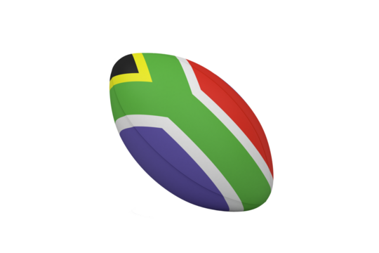 Digital png image of rugby ball with flag of south africa on transparent background
