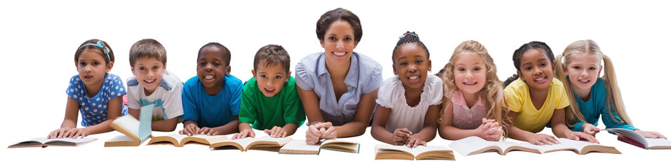 Digital png photo of happy diverse schoolchildren with female teacher on transparent background