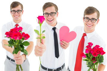 Digital png photo of caucasian men with heart and flowers on transparent background