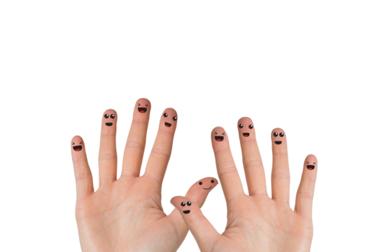Digital png photo of hands with faces on fingers on transparent background
