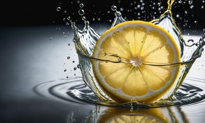 a lemon slice in slow motion splashes water